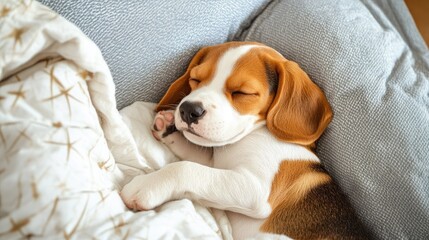 Obraz premium Adorable Beagle puppy napping in a comfortable bed, head resting on a pillow, capturing a serene and heartwarming moment