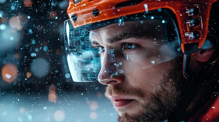 Close-up of a focused ice hockey player wearing helmet and visor during a snowy game, showcasing determination and intensity in harsh conditions.