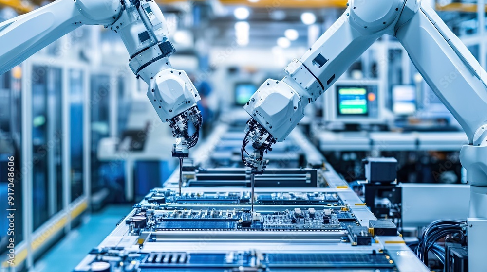 Poster advanced pcb assembly line in a bright electronics factory, featuring high-precision robot arms and 
