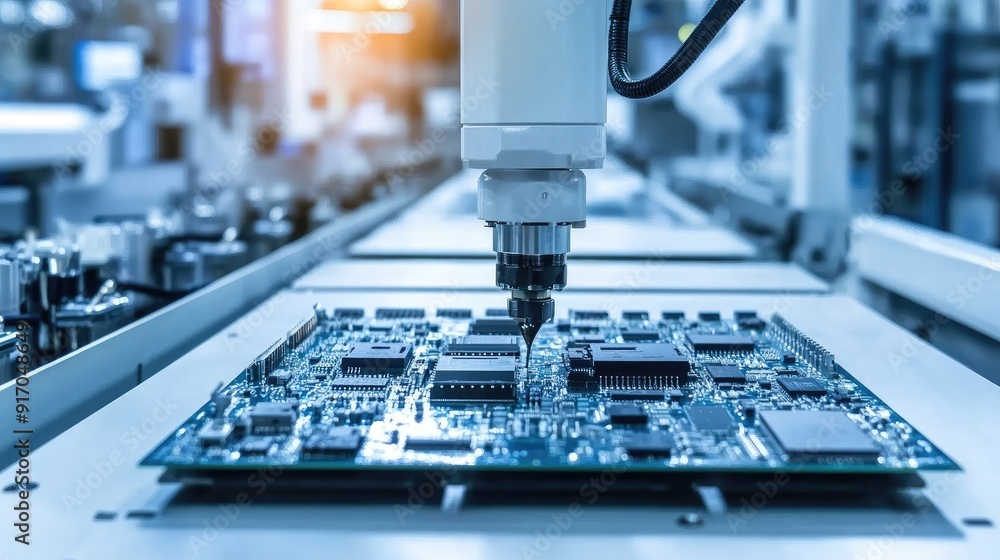 Poster advanced pcb assembly line in a bright electronics factory, featuring high-precision robot arms and 