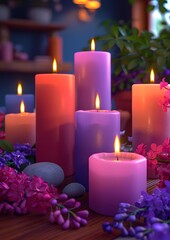 A table with a bunch of candles in different colors and a vase of flowers. Scene is warm and inviting