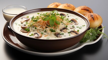 Clam chowder, captured up close with creamy textures, front view from above, studio lighting, white background.