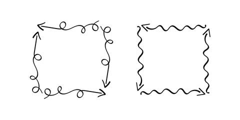 Square doodle frames ,hand-drawn monograms.Edgings and cadres with simple sketchy design elements.Isolated. Vector illustration.