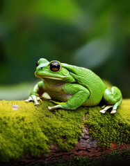 Naklejka premium Boophis viridis- Green toad on tree branch against blurred nature background
