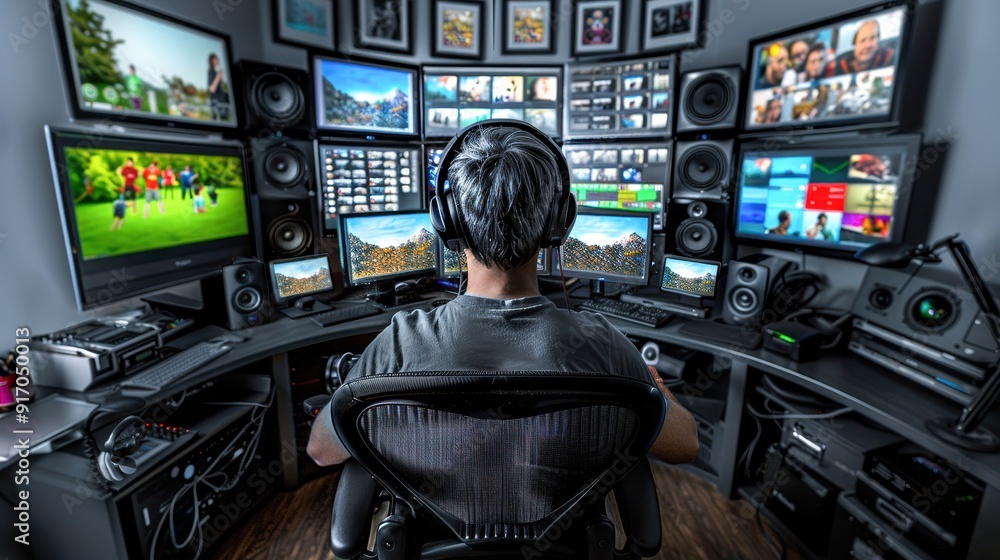 Poster person in headset works at multimedia station with multiple screens showing various content in high-
