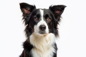 Fototapeta premium Adorable one-year-old black and white Border collie sitting with eager eyes gazing upward, showcasing innocence and cuteness, isolated against a pure white background.