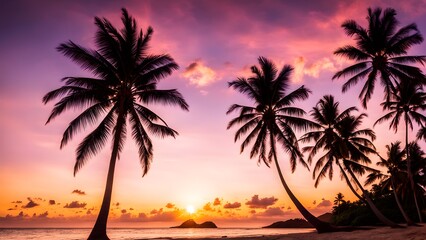 Gorgeous tropical sunset over beach with palm tree silhouettes