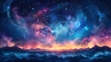 Fototapeta premium Watercolor night sky pattern, starry constellations, deep blue and purple hues, crescent moons, scattered stars with a glowing effect, gentle nebula swirls, celestial and peaceful, hd quality,