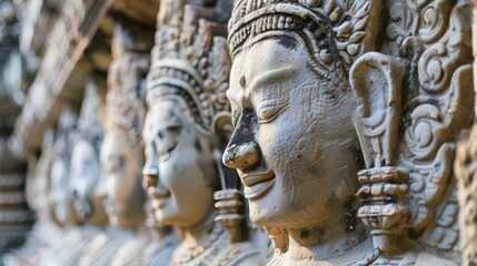 Fototapeta premium A close-up view of the elaborate bas-reliefs and sculptures on Angko