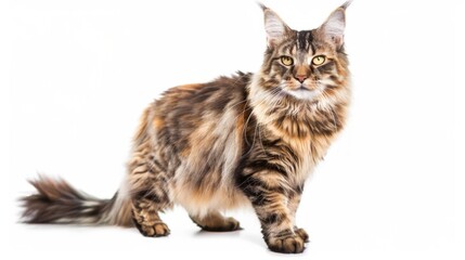 A cool Maine Coon cat with tufted ears and a luxurious mane, standing proudly against a white background. 