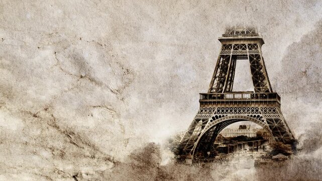 Eiffel Tower in Paris smoothly appears on old, grunge paper with time lapse of sky with clouds. Creative, combined 3D 4K parallax video of high quality. Template for a postcard or historical video.