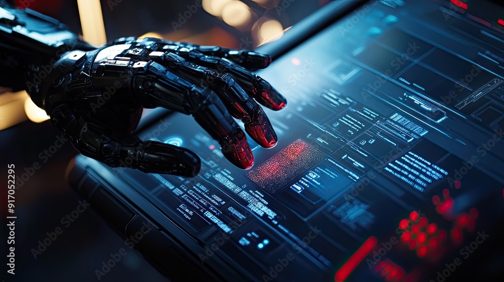 Poster close-up of a robot hand's finger making contact with a virtual interface on a dark, isolated backgr