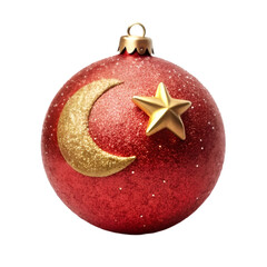 a round red ball with a golden glittery star and moon