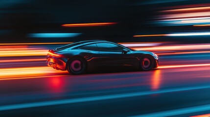 Black Sports Car Speeding Through Neon Lights