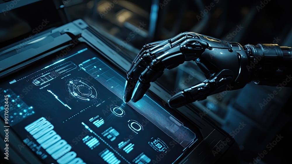 Poster close-up of a robot hand's finger making contact with a virtual control panel on a dark background, 