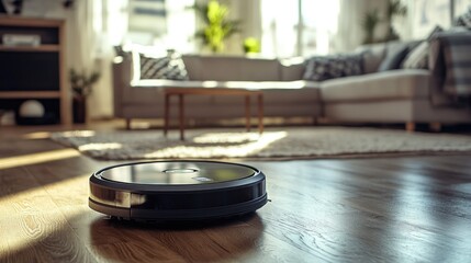 Close-up of a robotic vacuum cleaner working on a wooden floor in a cozy living room, illustrating advanced home cleaning solutions