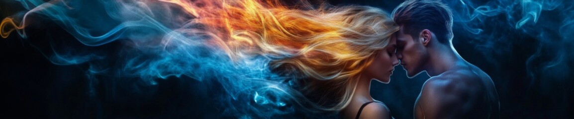 Obraz premium Epic Fantasy Love: A Supernatural YA Vision of Enigmatic Gold-Haired Woman and Muscular Man Entwined in a Surreal, Dystopian Romance of Light and Darkness.