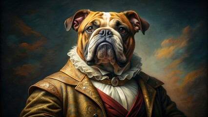 Obraz premium Funny and surreal oil painting of a bulldog as an upper class aristocrat from the renaissance period , funny, surreal