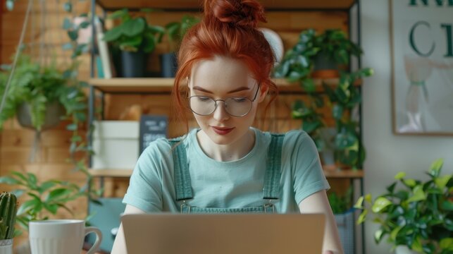 The woman with red hair at laptop