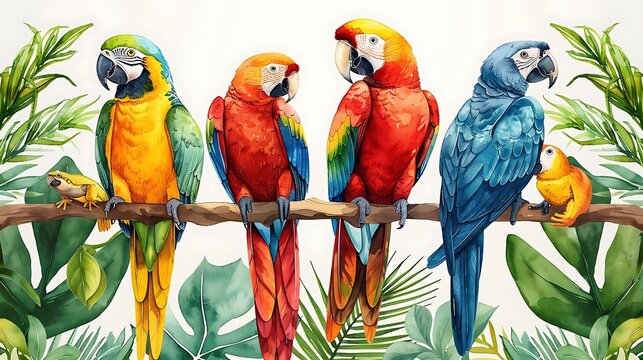 Watercolor rainforest animals pattern, various animals like parrots, monkeys, and frogs, rich green foliage, vibrant colors, intricate details, seamless design, lively and dynamic, hd quality,