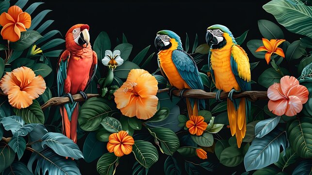 Watercolor rainforest animals pattern, various animals like parrots, monkeys, and frogs, rich green foliage, vibrant colors, intricate details, seamless design, lively and dynamic, hd quality,