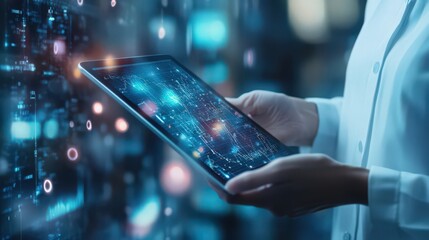 A computer programmer employs AI and digital technology on digital tablets for managing and analyzing big data,