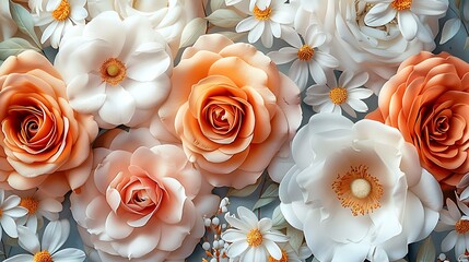 Watercolor vintage floral pattern, roses, peonies, and daisies, soft pastel colors, muted tones, detailed petals and leaves, seamless and elegant, hd quality, natural look. 
