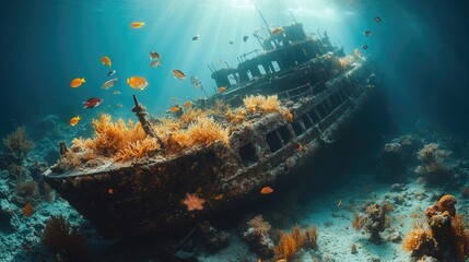 Mysterious shipwreck resting on the ocean floor, now home to various marine life, including fish, corals, and sea stars, with soft light filtering through the water