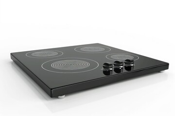 Fototapeta premium Modern black electric stovetop with four burners and chrome knobs.