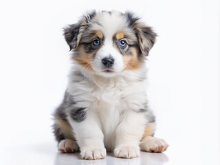 Adorable Australian Shepherd puppy with piercing blue eyes and fluffy white coat sits isolated on a pure white studio background, showcasing innocence and cuteness.
