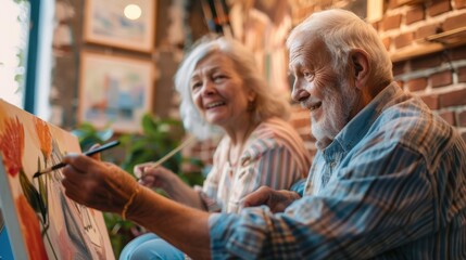 Obraz premium Senior couple happily painting together in their art studio with brushes on canvas