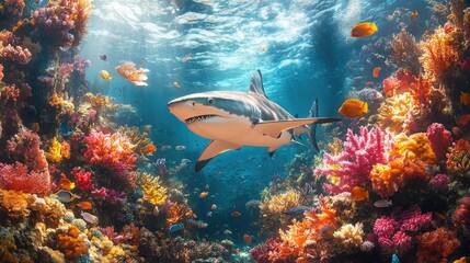 Fototapeta premium Vibrant reef shark weaving through a coral garden, surrounded by colorful fish, sea sponges, and delicate soft corals thriving in the clear blue waters