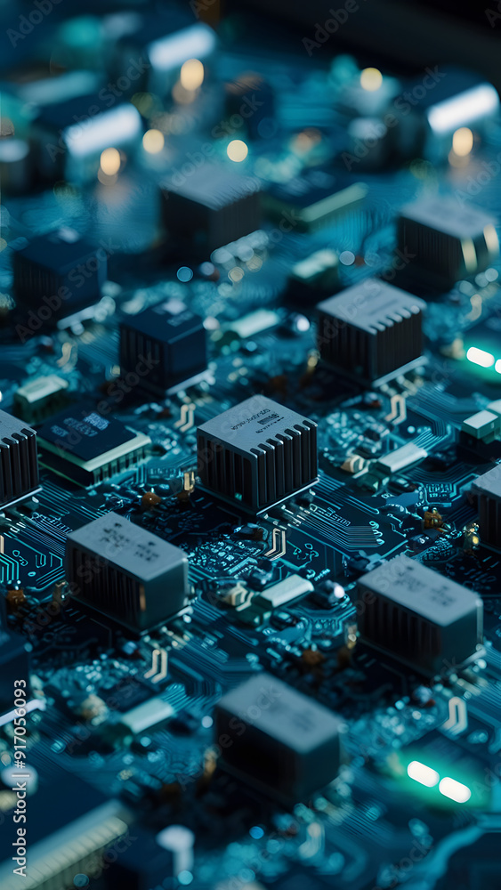 Poster close-up of a green computer circuit board with chips and electronic components
