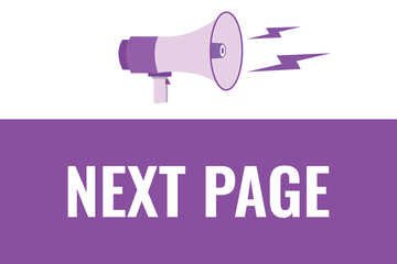 next page button, banner, label, template for website. next page text with colorful megaphone icon
