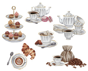 Watercolor set of white ceramic kettle and cups of coffee with pink macaroons, chocolate, croissant, cupcakes. Coffee time. Table ware, dish.