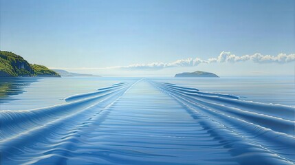 Depict a ferry sailing through calm waters on a clear day, with a distant island visible