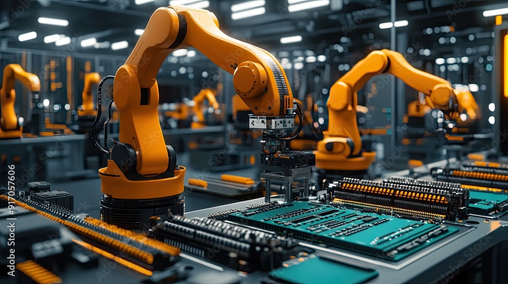 Poster high-tech pcb assembly line in a bright electronics factory, equipped with advanced robot arms for p
