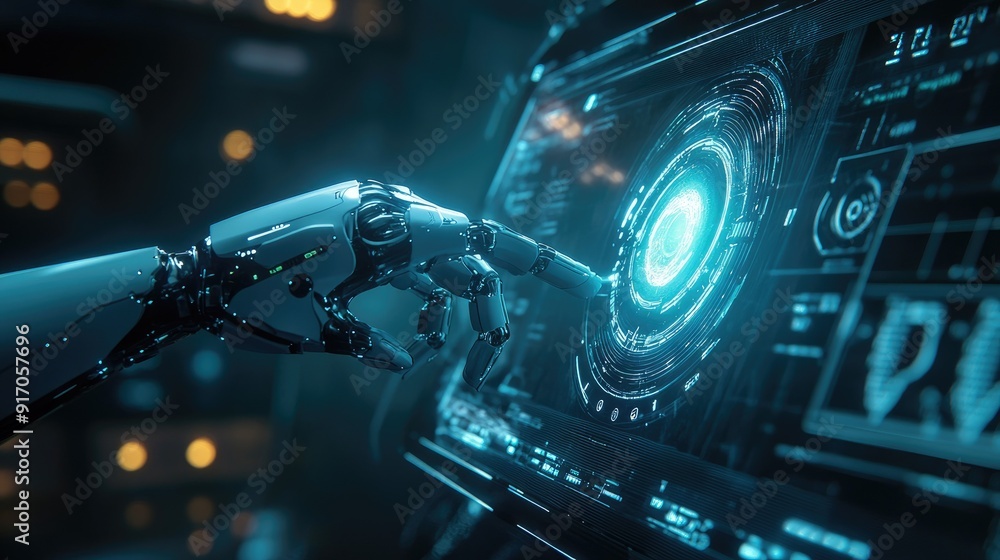 Poster high-tech robot hand making contact with a holographic interface on a dark background, emphasizing f