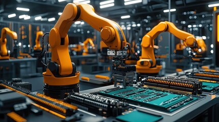 Fototapeta premium High-tech PCB assembly line in a bright electronics factory, equipped with advanced robot arms for precision and automation, illustrating modern manufacturing