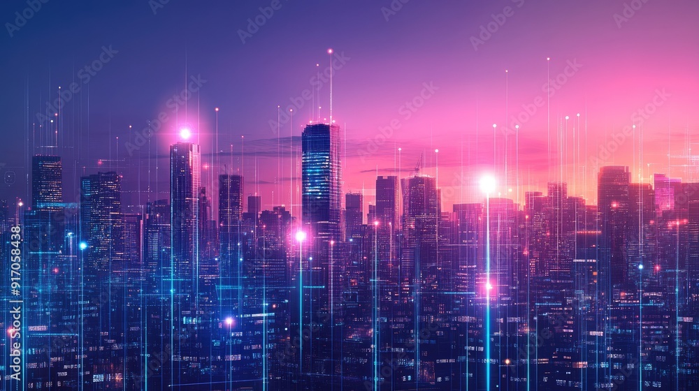 Poster modern city background with 6g network and iot elements interconnected, representing a smart city en