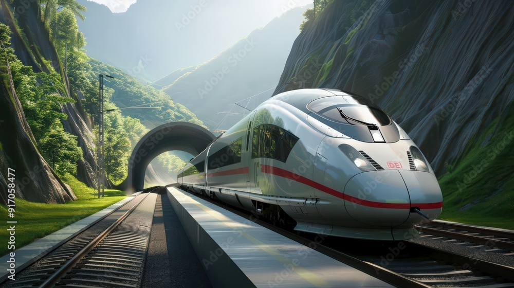 Poster depict a high-speed train emerging from a tunnel, showcasing the precision and speed of modern rail 