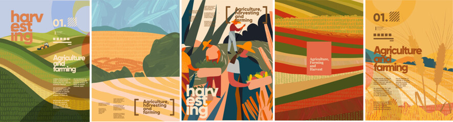 Harvest, farming and agriculture. Vector illustration of farmers people harvesting, wheat field, planting hills, landscape, farm and tractor for poster, background, flyer or brochure cover