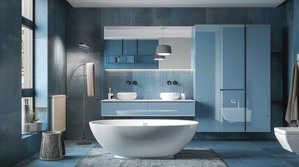 Fototapeta premium bathroom with modern design and furniture, colored in blue