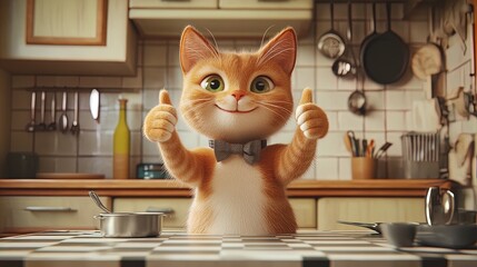Adorable Animated Cat Character in Bowtie Giving Thumbs-Up on Checkered Kitchen Table - Perfect for Vibrant Posters or Cheerful Kitchen Decor!