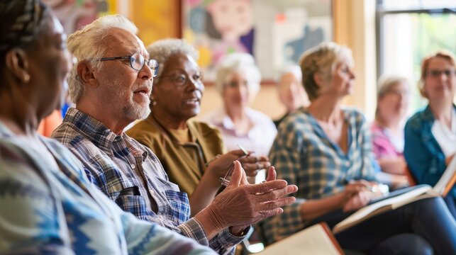 Diverse group of senior people attending a class or conference and listening to a presentation