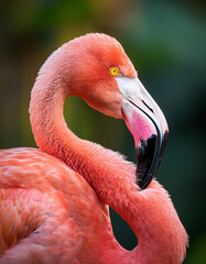 Close-up of a common flamingo's head and neck against a nature background