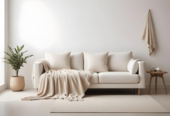 A minimalist living room with a white sofa, soft beige throw blankets, and a neutral color palette.