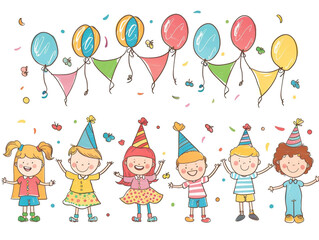 Fototapeta premium A group of children are celebrating a birthday party with balloons and streamers. Creating a joyful and festive atmosphere. Children hand drawing style on a white background. 