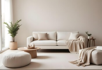 A minimalist living room with a white sofa, soft beige throw blankets, and a neutral color palette.