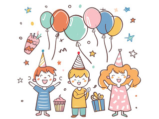Fototapeta premium A group of children are celebrating a birthday party with balloons and streamers. Creating a joyful and festive atmosphere. Children hand drawing style on a white background. 
